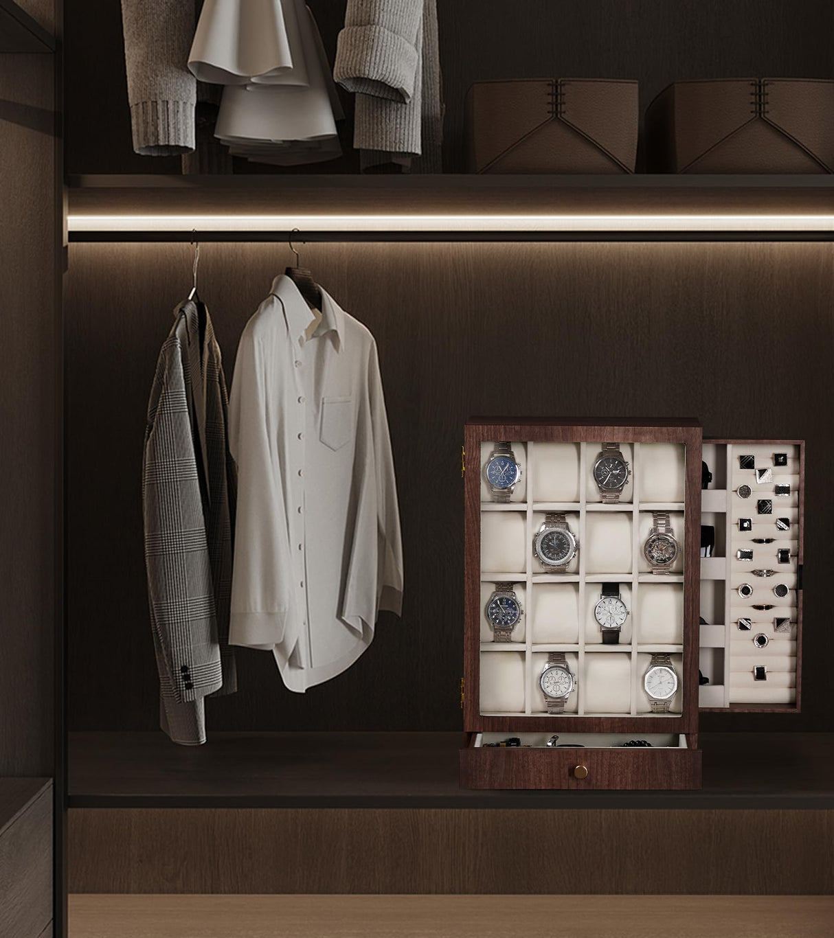 Homde Watch Box Wooden Display: Large Wood Storage for Men's Nightstand - Timeless Home Organizer (L Size) Homde