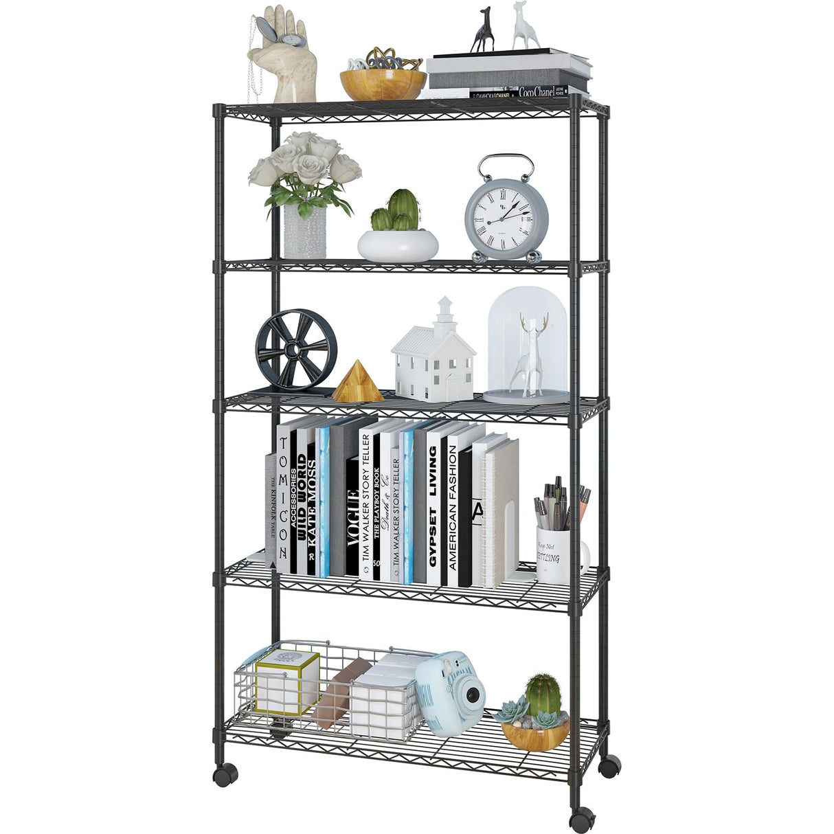 WISLAS 5 Tier Storage Racks Shelving, Heavy Steel Pantry Shelves, Adjustable Wire Shelving Rack with Wheels, Suitable for Garage, Kitchen, Bathroom, Office, 35" W x 14" D x 65" H, Black WISLAS