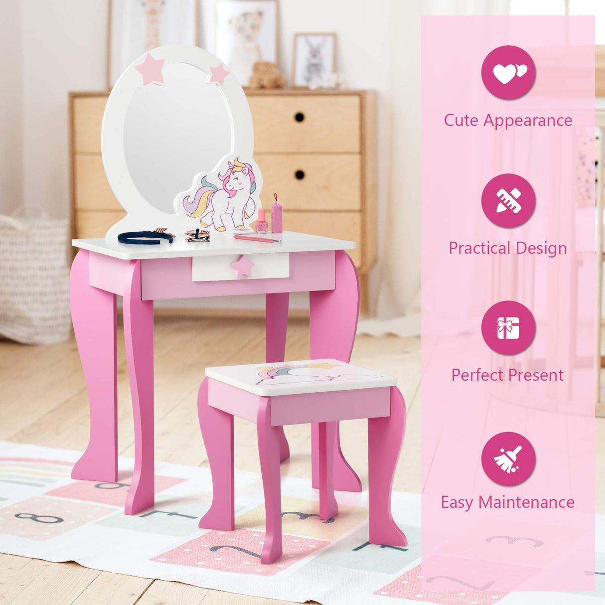 Costzon Kids Vanity Set with Mirror, 2 in 1 Wooden Princess Makeup Dressing Table with Detachable Top, Toddler Girls Vanity with Drawer & Stool, Pretend Play Vanity Set for Little Girls, Pink Costzon