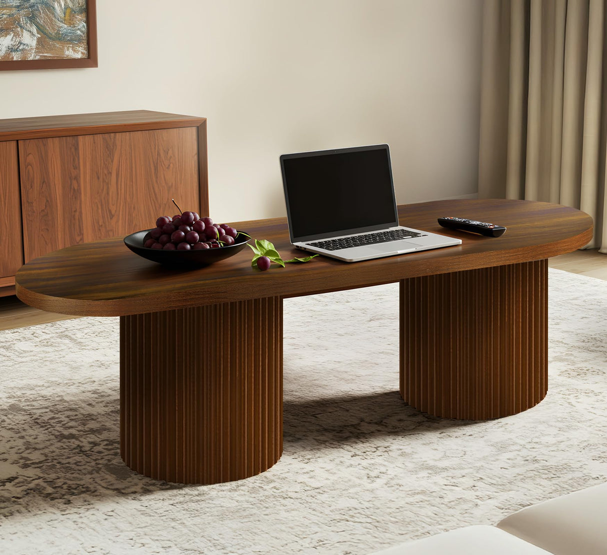 Farmhouse Coffee Table, Ellipse 47 in Wood Modern Center Accent Table, Mid Century Wooden Coffee Tables with Sturdy Base & Rounded Corners for Living Room (Rustic Brown) ZYBT