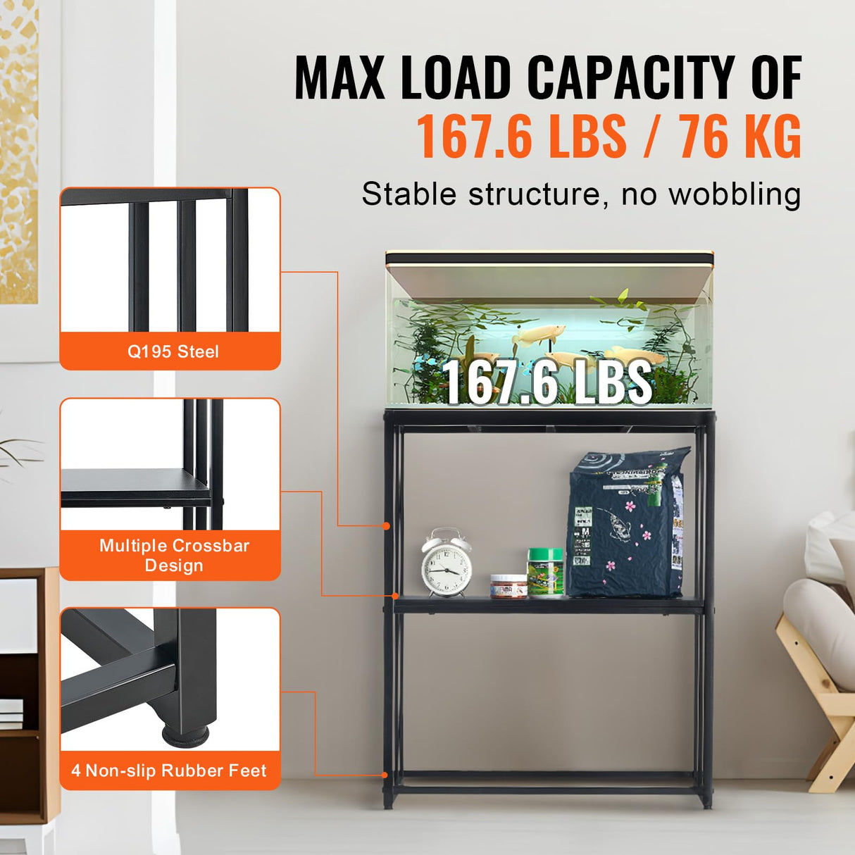 VEVOR Aquarium Stand, 20 Gallon Fish Tank Stand, 24.8 x 13 x 30 in Steel Turtle Tank Stand, 167.6 lbs Load Capacity, Reptile Tank Stand with Storage, Hardware Kit, and Non-Slip Feet, Black VEVOR