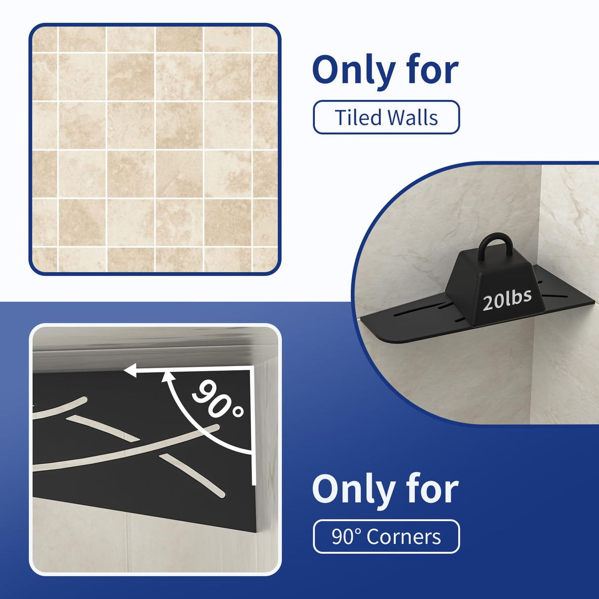 Bernkot Corner Shower Shelf 12" Matte Black 304 Stainless Steel Quadrilateral Corner Shelf Recessed Bathroom Storage Shampoo Holder Organizer Kitchen Shelf Rack, No Drilling Bernkot