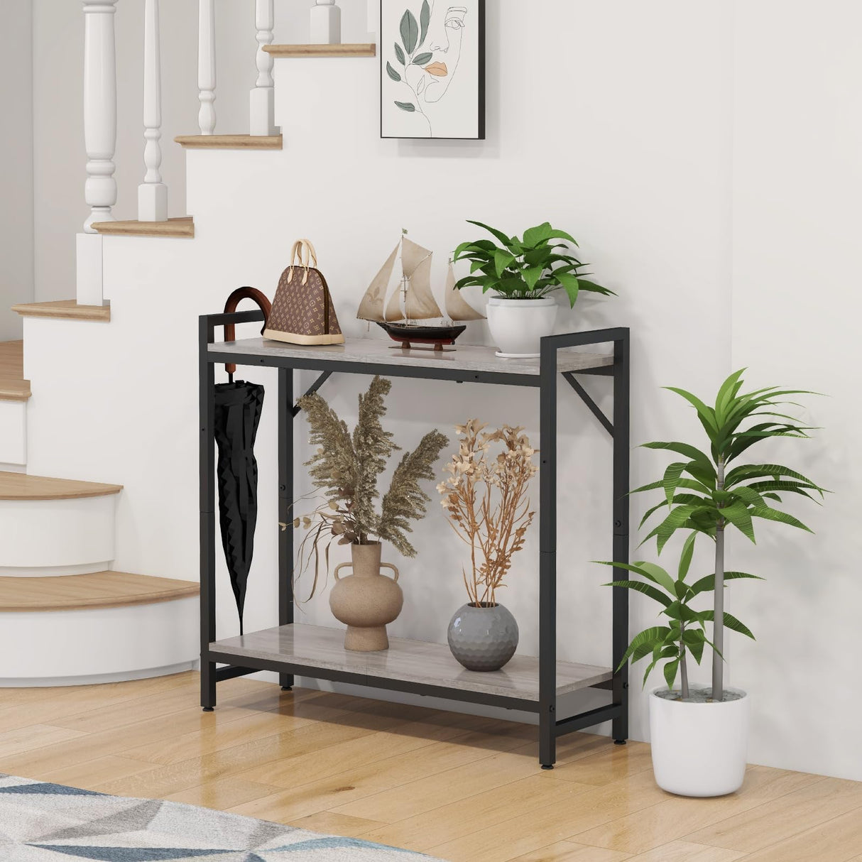 Livofloral Narrow Console Table, Small Entryway Table, Sofa Table with 2 Support Bar, Industrial Couch Table, Thin Side Table, Display Table for Living Room, Hallway, Bedroom, Foyer, Grey Livofloral