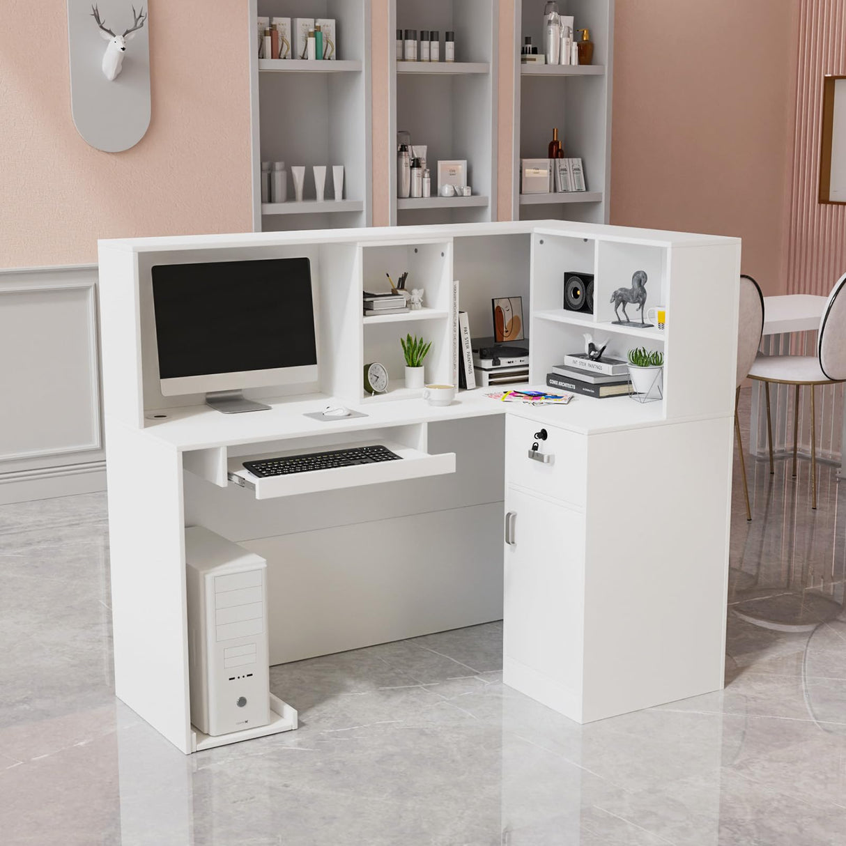 OmySalon Modern Reception Desk, L-Shaped Front Desk with Moveable Shelves and Lockable Drawers, Retail Checkout Counter Table, for Lobby Beauty Salon Office, White (55.9" W x 18.9" D x 48" H) OmySalon