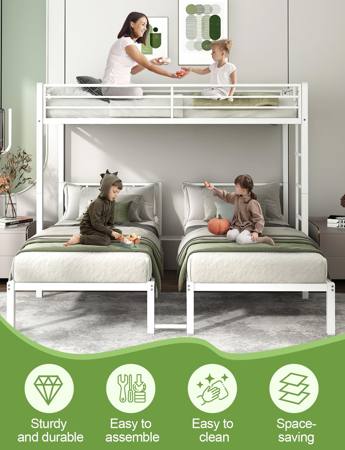 HKOLIE Twin Over Twin & Bunk Beds for 3, Triple Bunk Bed for 3 with Guardrails, Ladder & Upper-Bed Platform, for Children, Teens, Adults, No Box Spring Needed, White HKOLIE