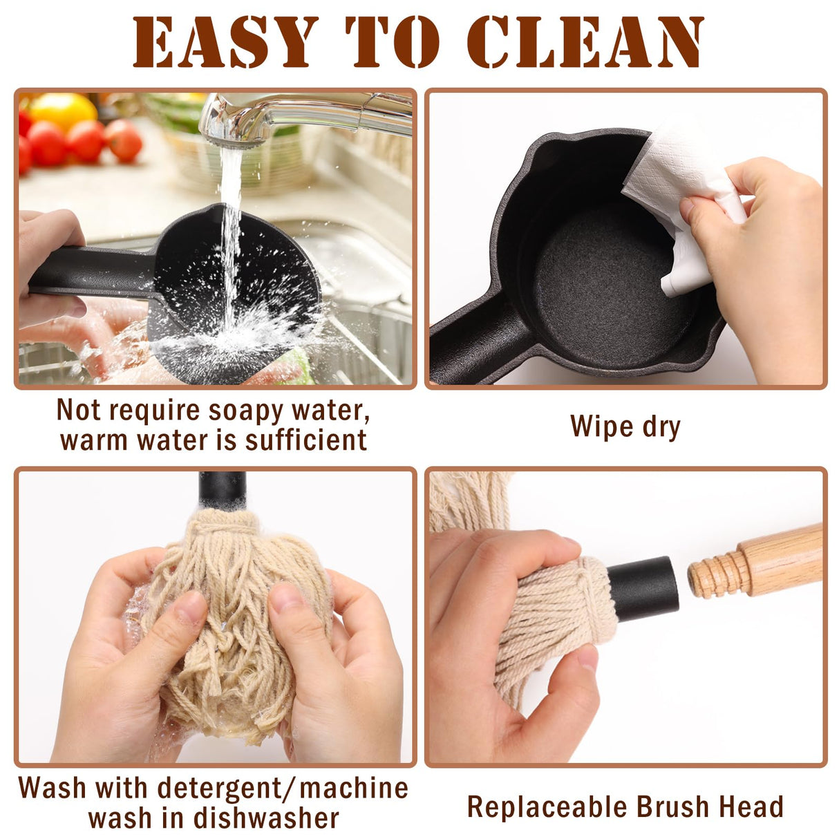 Zhaoyao BBQ Mop Brushes for Sauce and Cast Iron Sauce Pot for Grilling, 2PCS Wooden Handle Mop Brushes 18+11 Inch with 4PCS Replacement Silicone BBQ Basting Brush for Cooking Grill Spatula Zhaoyao