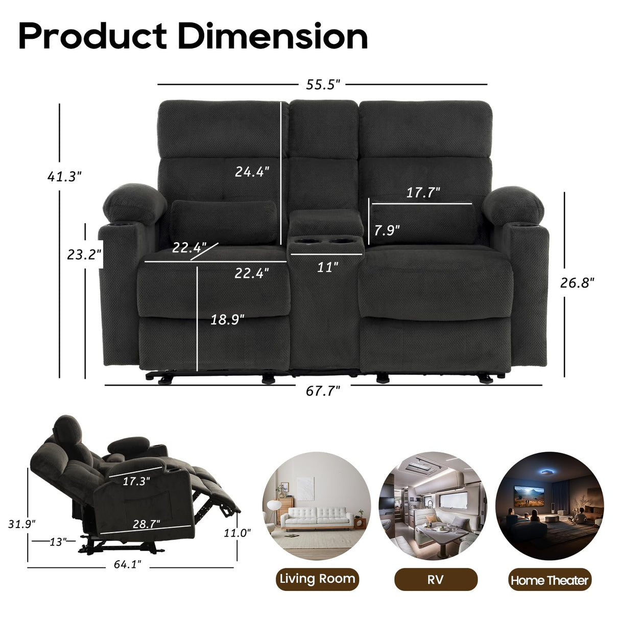 P.H.Furn Power Reclining Loveseat, Massage Loveseat Recliner Sofa Home Theater Seating with Heat, RV Love Seat Chair Clearance with Console, Storage, Cup Holders, Wall Hugger Couch P.H.Furn