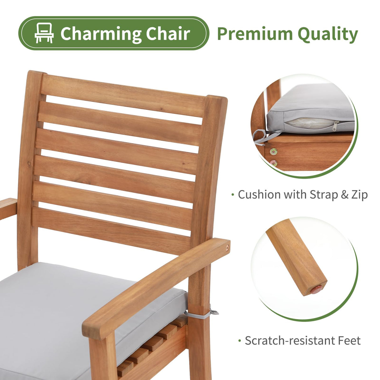 OC Orange-Casual 7 Piece Patio Dining Set, Outdoor Acacia Wood Furniture Set, Extendable Rectangular Table and 6 Stackable Chairs w/Removeable Fabric Cushion, FSC Certified, Light Grey Cushion OC Orange-Casual