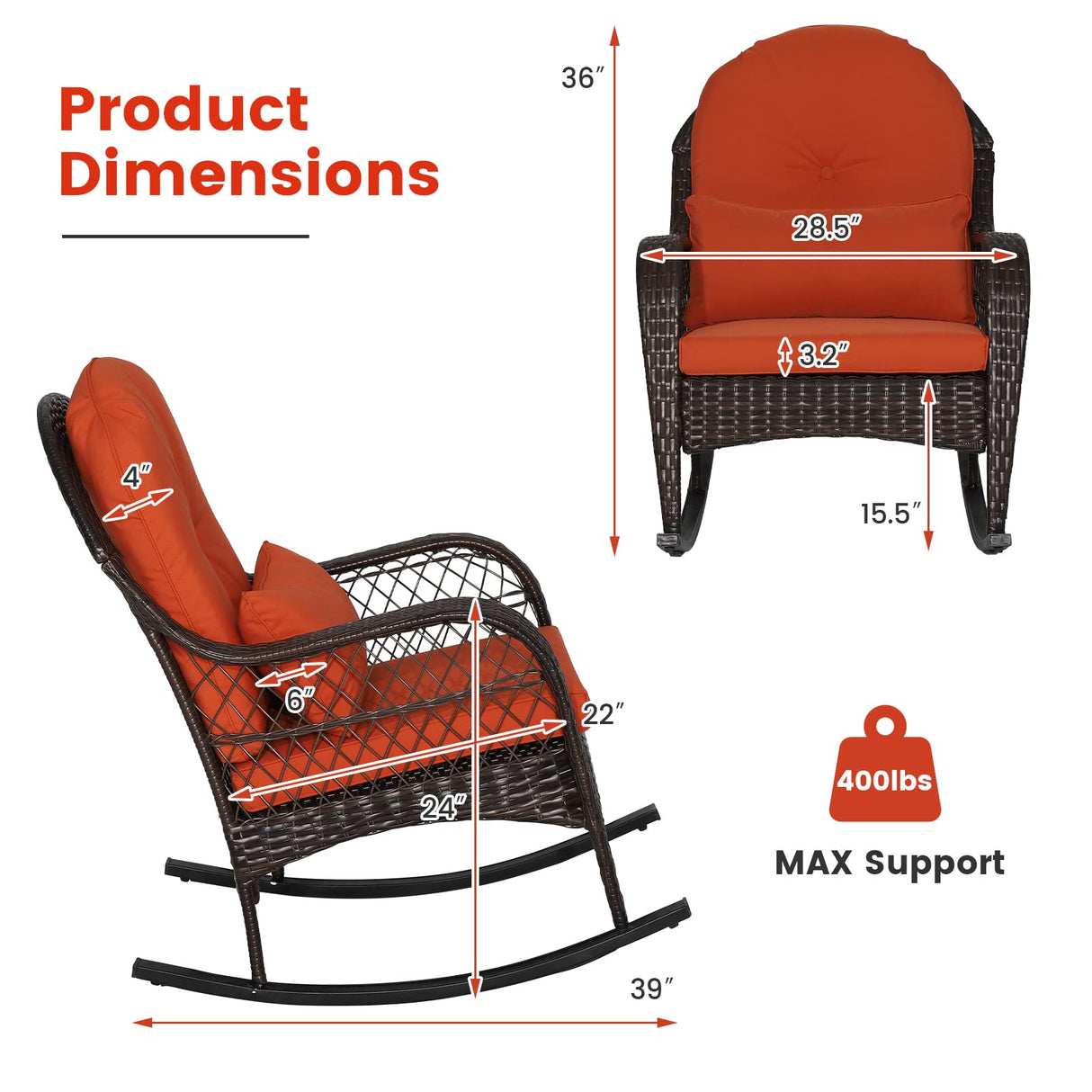 MEDIMALL Outdoor Wicker Rocking Chair, Patio Rattan Rocker w/Lumbar Pillow, Padded Seat & Back Cushions, Metal Frame, Mix Brown Wicker Furniture for Balcony, Porch, Deck, Backyard (Red) MEDIMALL