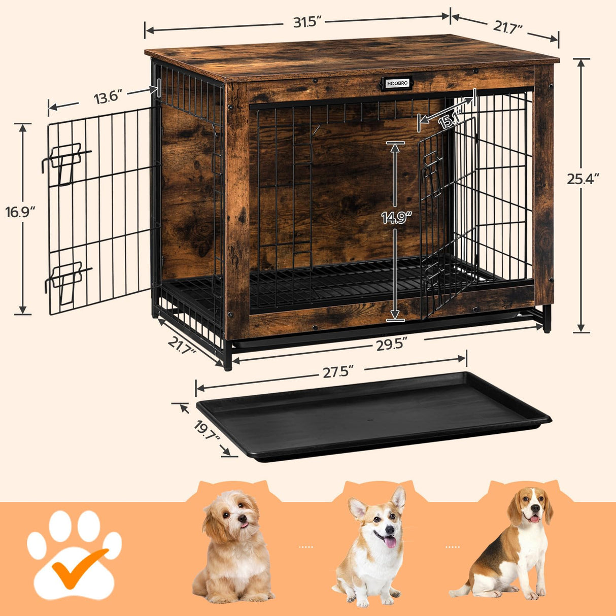 HOOBRO Dog Crate Furniture, Indoor Dog Kennel, Wooden Dog Furniture with Pull-Out Tray, Double Doors Dog House, Modern Side End Table for Medium/Large/Small Dog, 32.5" L, Rustic Brown BF802GW03G1 HOOBRO