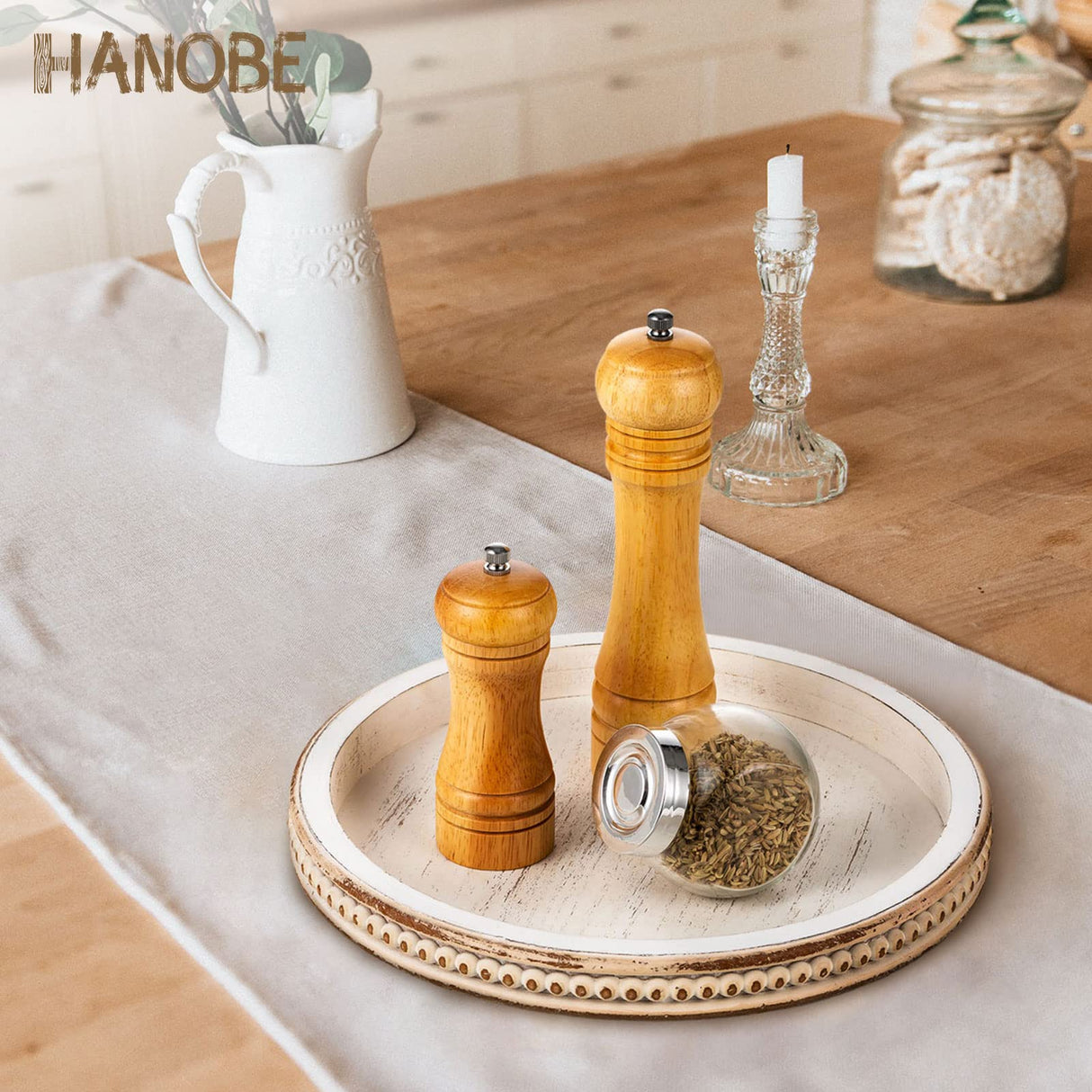 Hanobe Decorative Serving Tray Wood: White Washed Bead Round Tray Decor for Coffee Table Rustic Wooden Trays Farmhouse Centerpiece for Living Room Kitchen Counter Hanobe