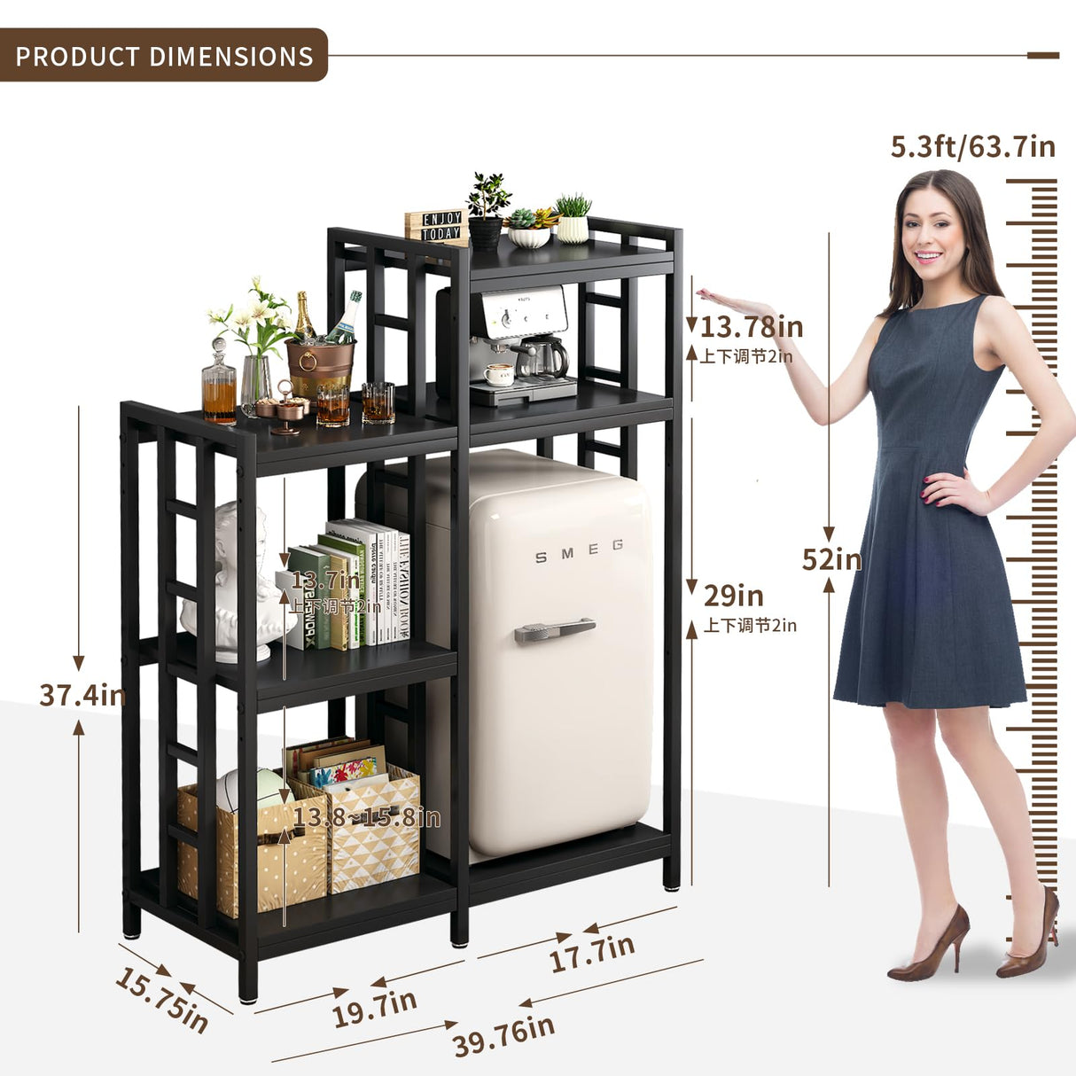 YCHF 6-Tier Kitchen Bakers Rack, Utility Storage Shelf, Mini Fridge & Microwave Oven Stand Table, Coffee Bar, Adjustable Kitchen Shelves Freestadning for Home Office (Black Wood Grain) YCHF