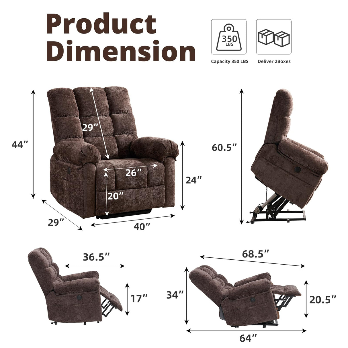 Rhevoy Oversized Power Lift Recliner Chair with Massage and Heat for Elderly, 26" Extra Wide Lift Chair for Big and Tall, Chenille Electric Lift Recliner with Overstuffed Backrest, USB Port, Coffee Rhevoy