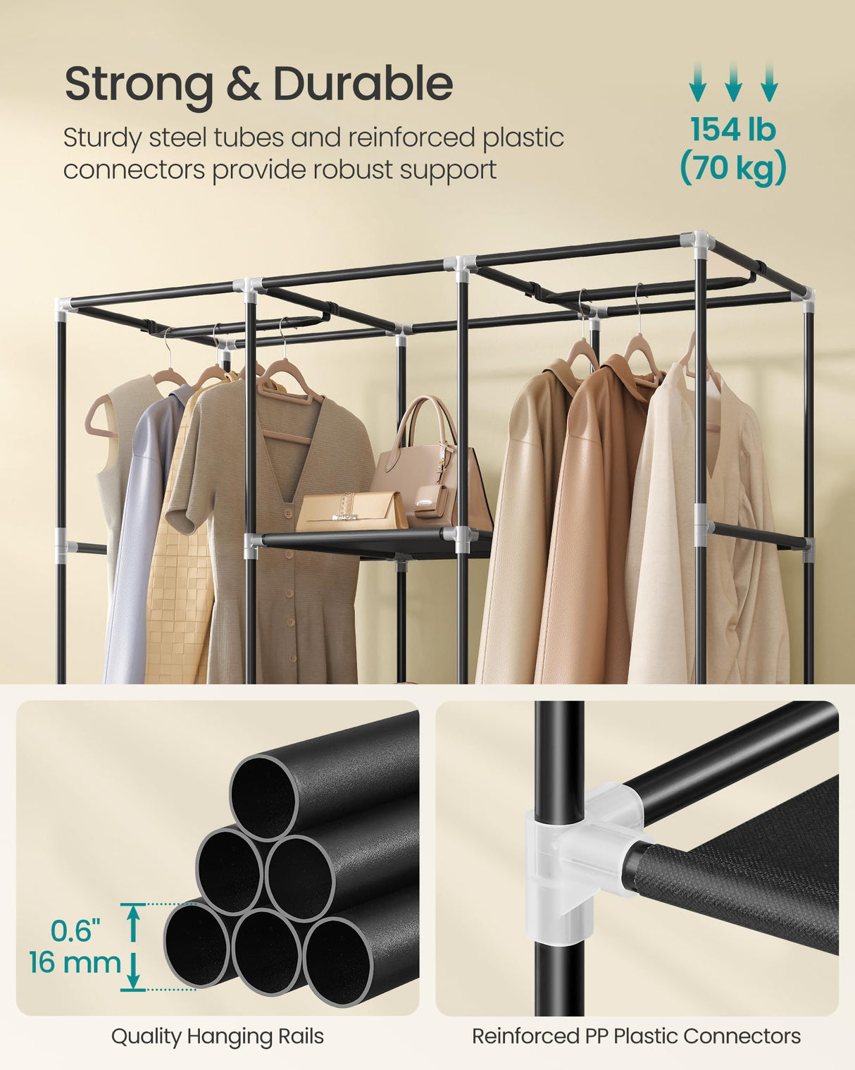 SONGMICS Portable Closet, 51.2 Inch Large Capacity Wardrobe Closet Organizer with Fabric Cover, Hanging Rods and Shelves, 51.2 x 17.7 x 66.1 Inches, for Bedroom, Living Room, Ink Black URYG096B01 SONGMICS