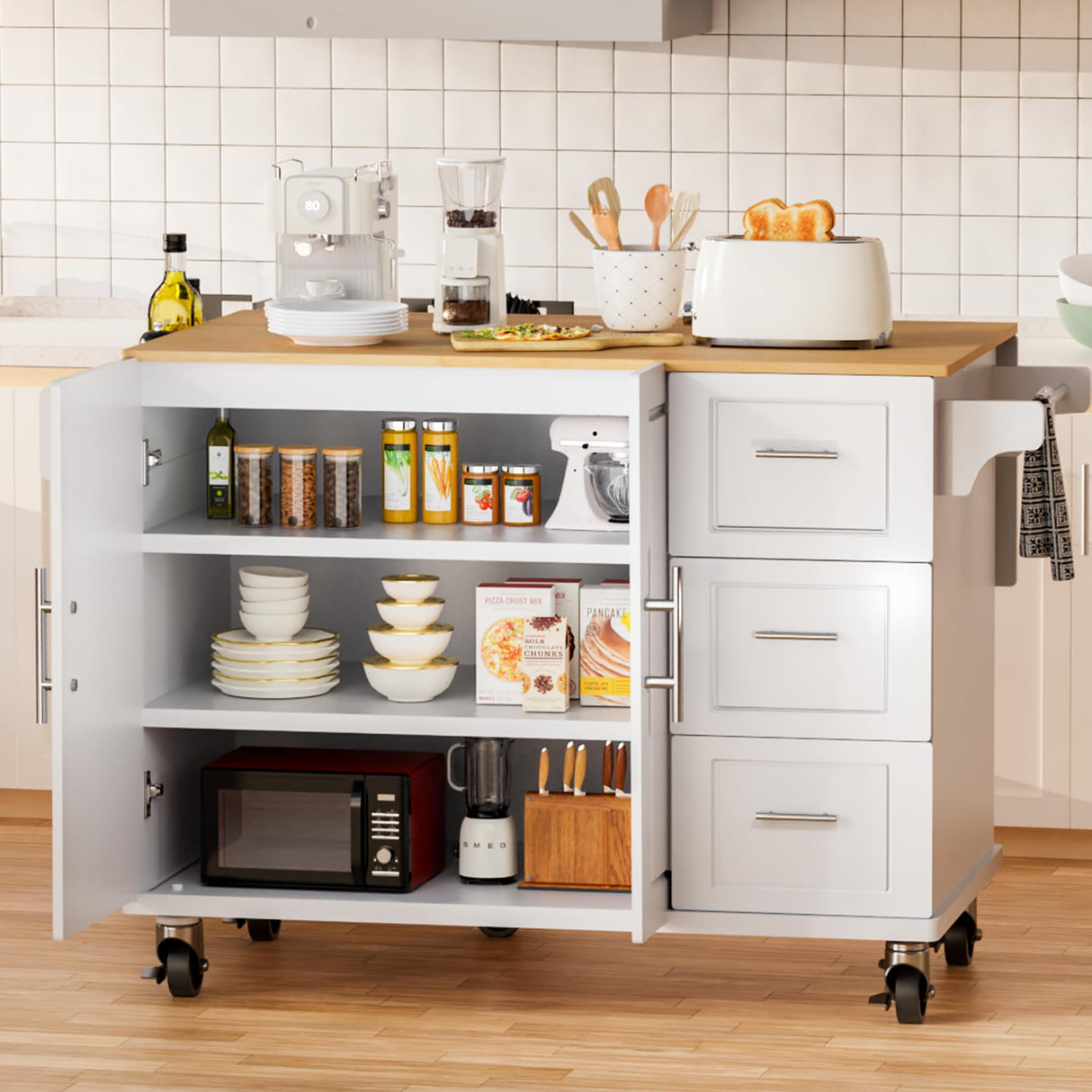 HiDSLiving Kitchen Island 54" Large Rolling Kitchen Island Cart On Wheels with Drop Leaf 3 Drawers 1 Cabinet,Spice Towl Rack Mobile Kitchen Table with Storage, White HiDSLiving