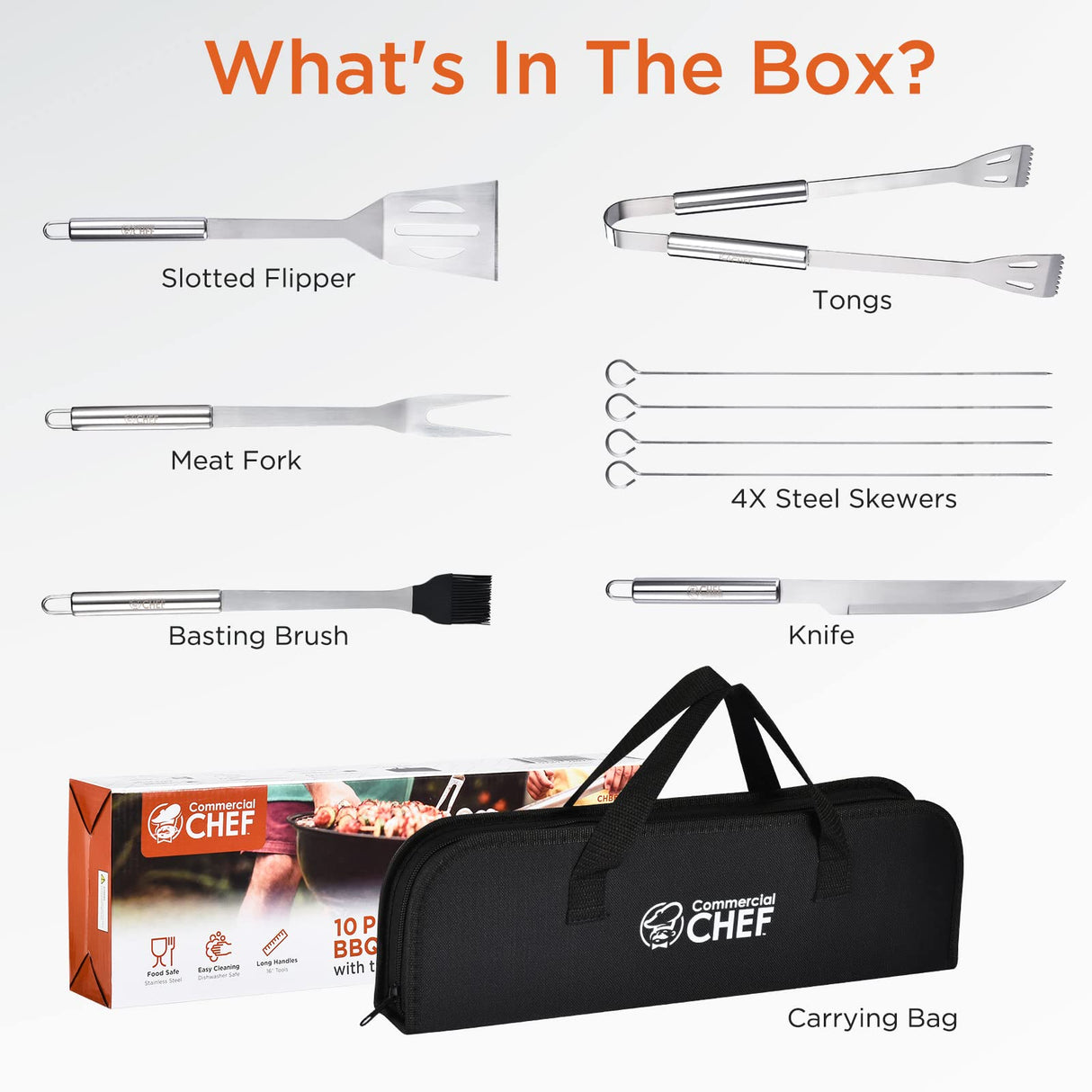 Commercial Chef 10PC BBQ Grill Tool Set – Outdoor Smoker Grilling Accessories, with Carry Bag, Meat Skewers, Spatula, Tongs, Fork, Basting Brush - Gifts for Men Commercial CHEF