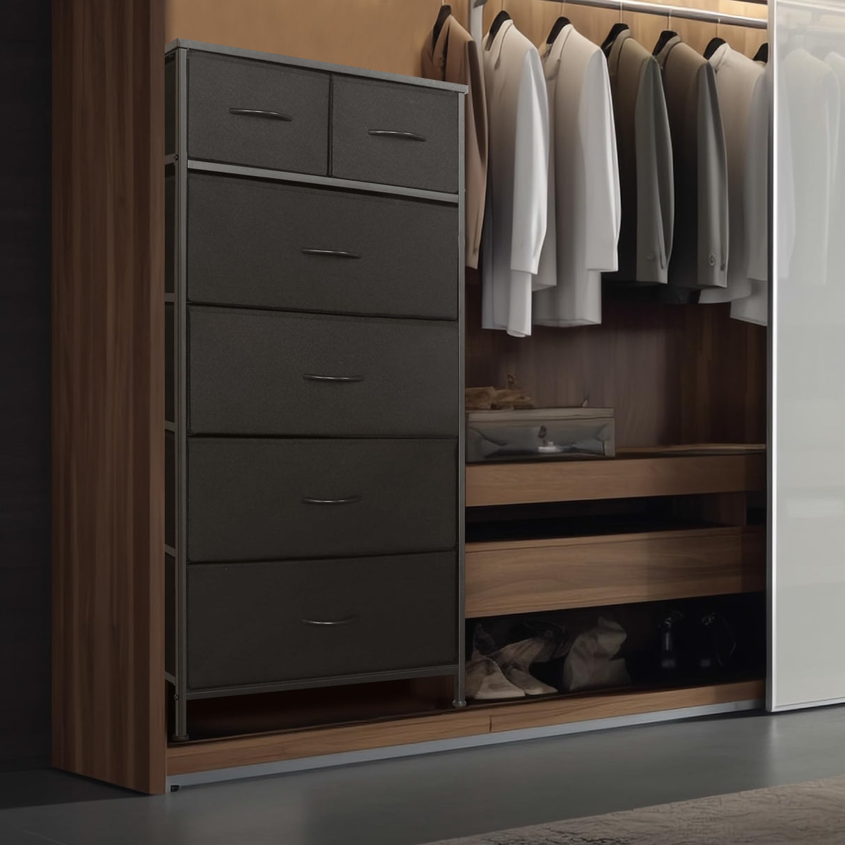 Mifuro Tall Dresser for Bedroom, Vertical Storage Organizer Tower with 6 Drawers, Chest of Drawers with Fabric Bins, Steel Frame, Wood Top for Bedroom, Closet, Entryway- Black Mifuro