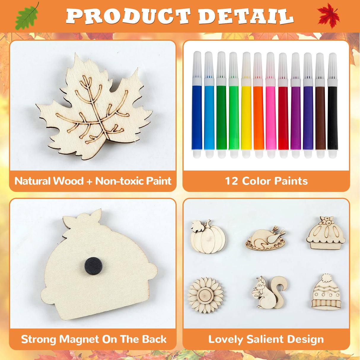 Fall Wooden Crafts Magnets Kits for Kids, 36 pcs Creativity Art DIY Painting Kit Supplies Decorate Your Own Painting Activities for Thanksgiving, Birthday Harvest Party Favors Gifts for Boys Girls gisgfim