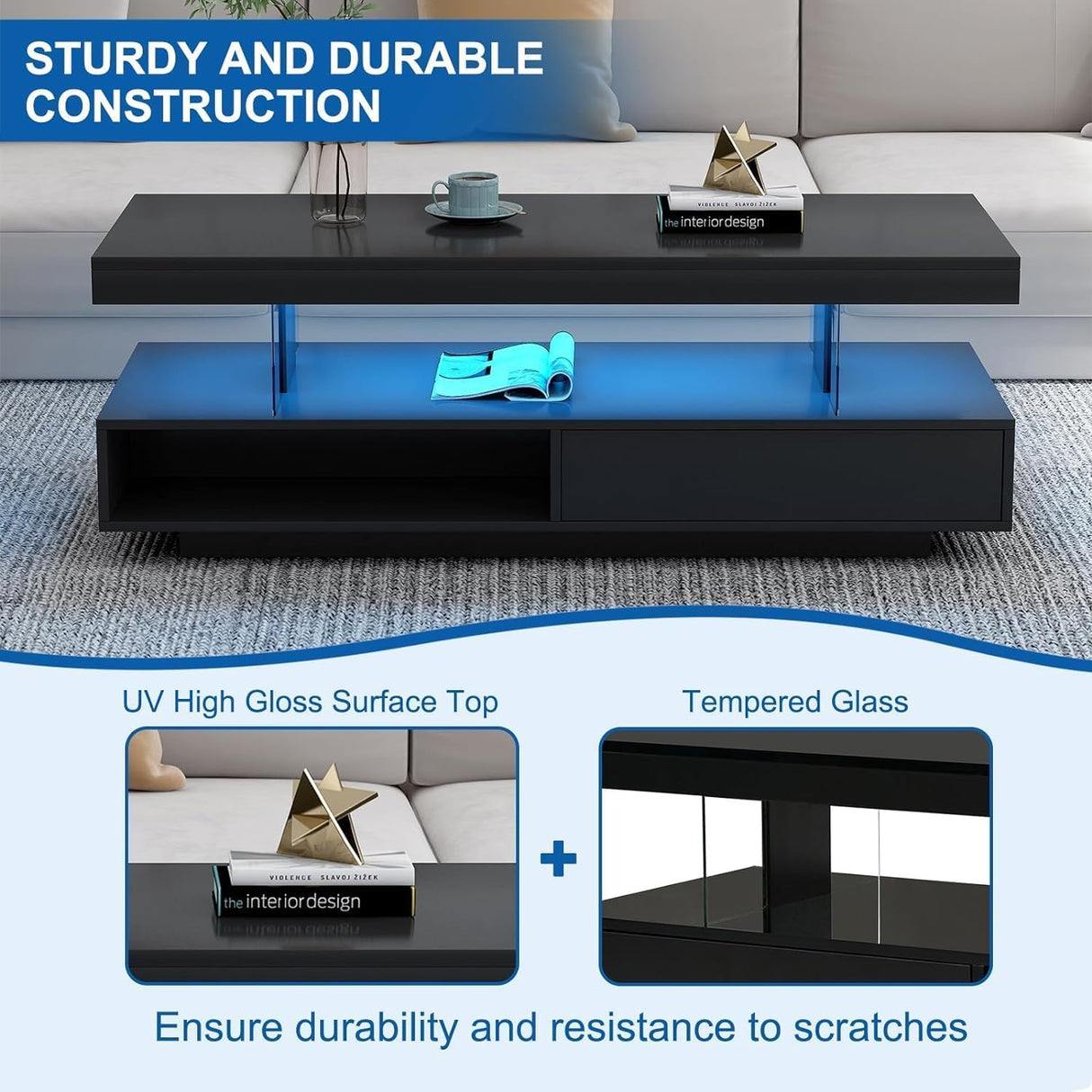 GlowSpark Black LED Coffee Table with Storage, Modern High Glossy LED Coffee Tables for Living Room, 2 Tiers Rectangle Coffee Table with 16 Colors LED Lights & Remote Control for Party Office Home GlowSpark