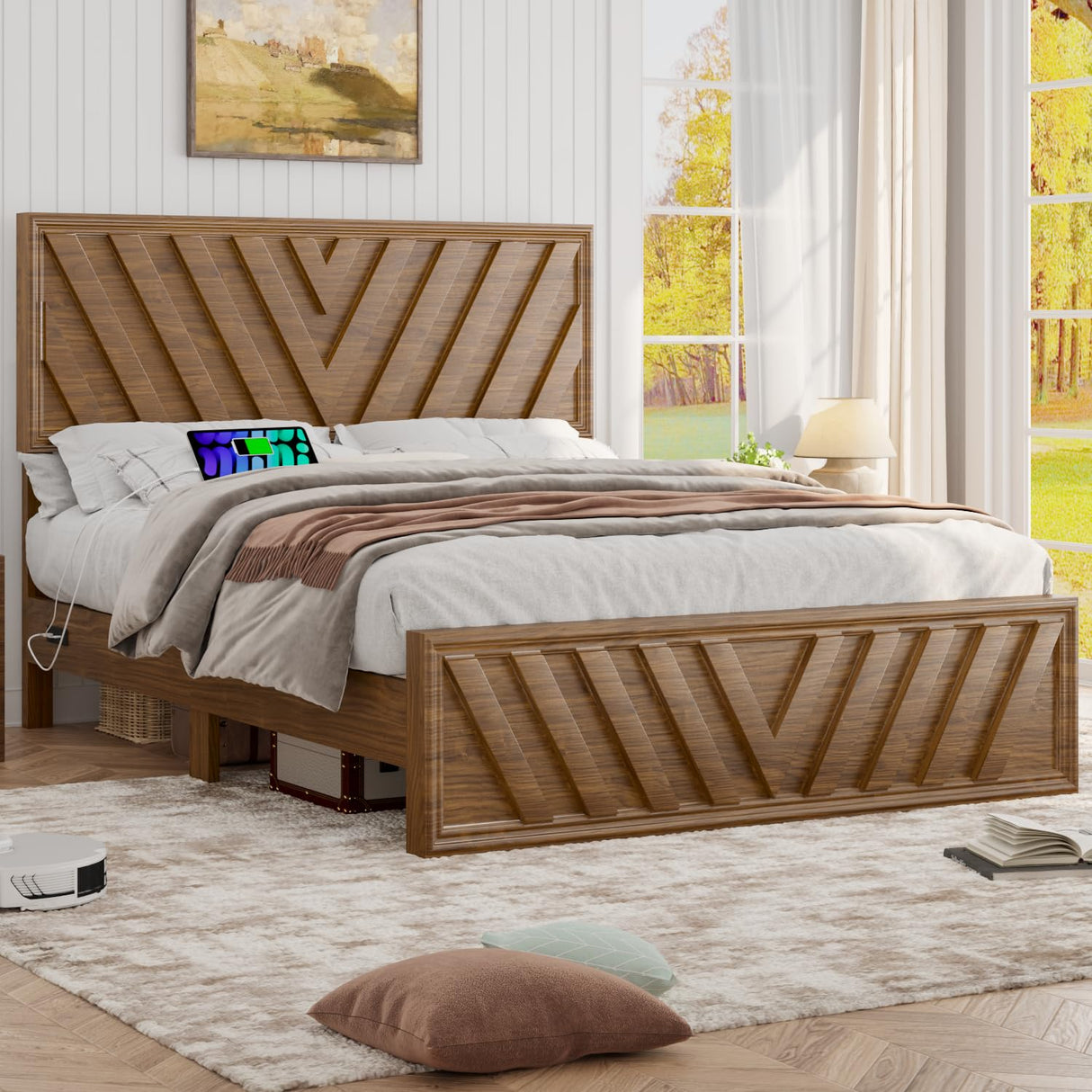 Incyneva Queen Bed with Adjustable Headboard, Farmhouse Platform Bed Wood with LED Light and Charging Station, Diagonal Line & Rustic Brown Incyneva