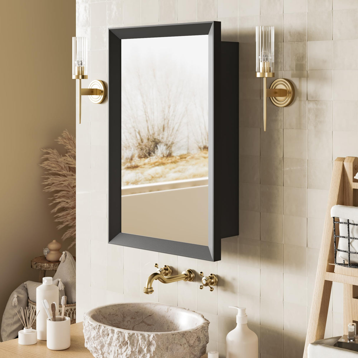 AGDULL Retro-Style Medicine Cabinet with 17’’x27’’ Solid Wood Mirror Frame, Bathroom Recessed Wall Cabinet, Living Room Wood Storage Cabinet, Black AGDULL