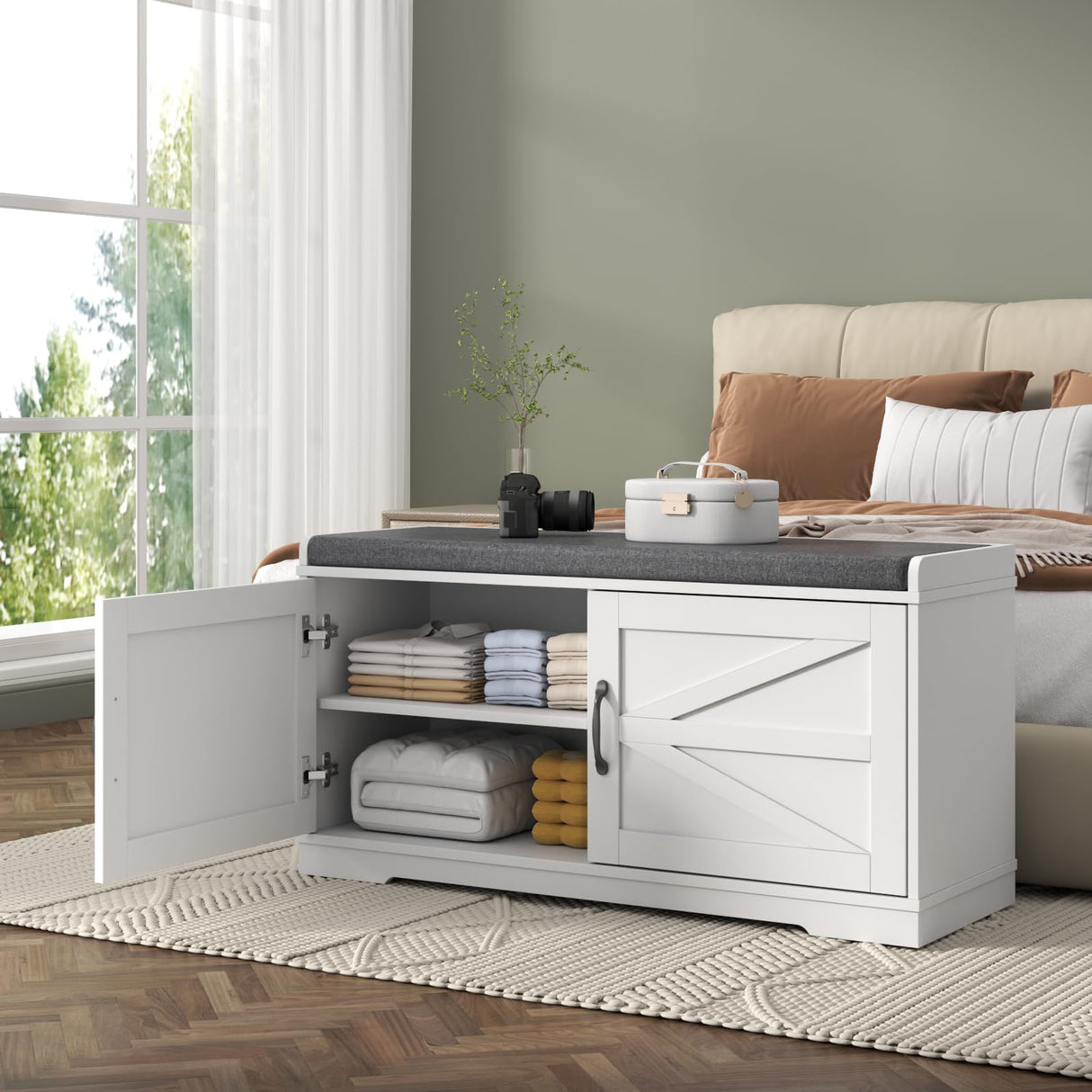 Loomie Shoe Storage Bench, Farmhouse Entryway Bench, 2-Tier Shoe Bench with Padded Seat Cushion, 13.78" D x 39.37" W x 19.69" H, Slim Shoe Cabinet Bench for Entryway, Living Room, Bedroom (White) Loomie