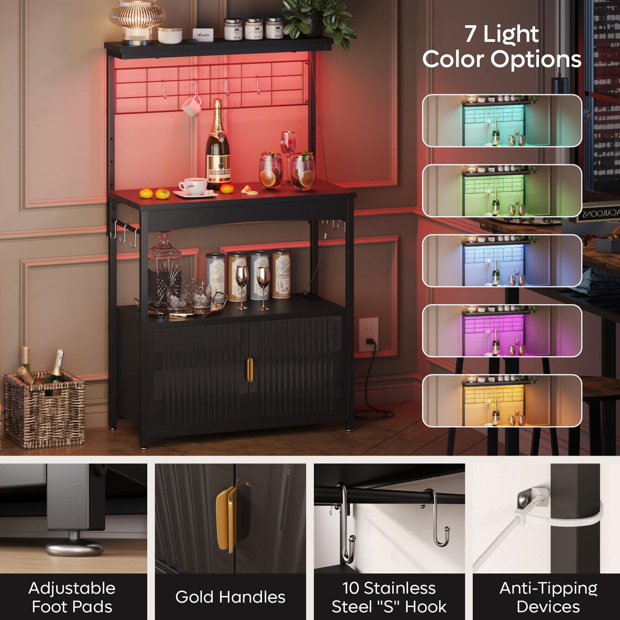 Bestier Bakers Rack with Power Outlet, Height-Adjustable 45" to 55" Kitchen Microwave Stand with Storage Cabinet, Coffee Bar Cabinet with LED Light, Kitchen Stand with 10 S-Hooks (Black) Bestier