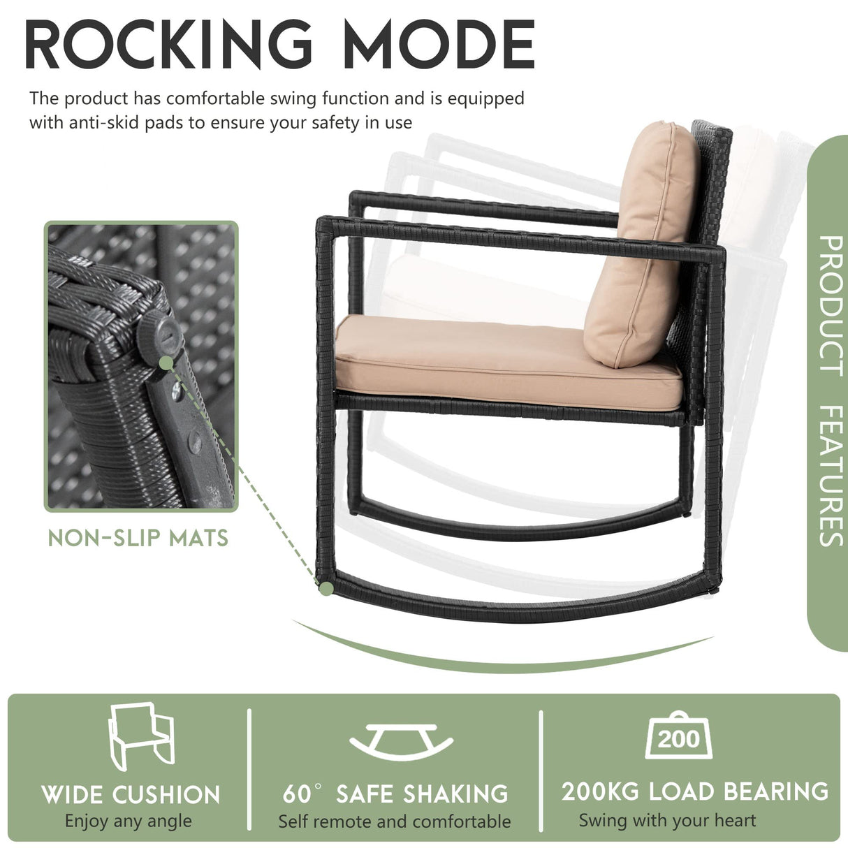 FDW Wicker Patio Furniture Outdoor Bistro Set, Rocking Chair, 3 Piece, Rattan Conversation Set for Backyard Porch Poolside Lawn with Coffee Table,Black FDW