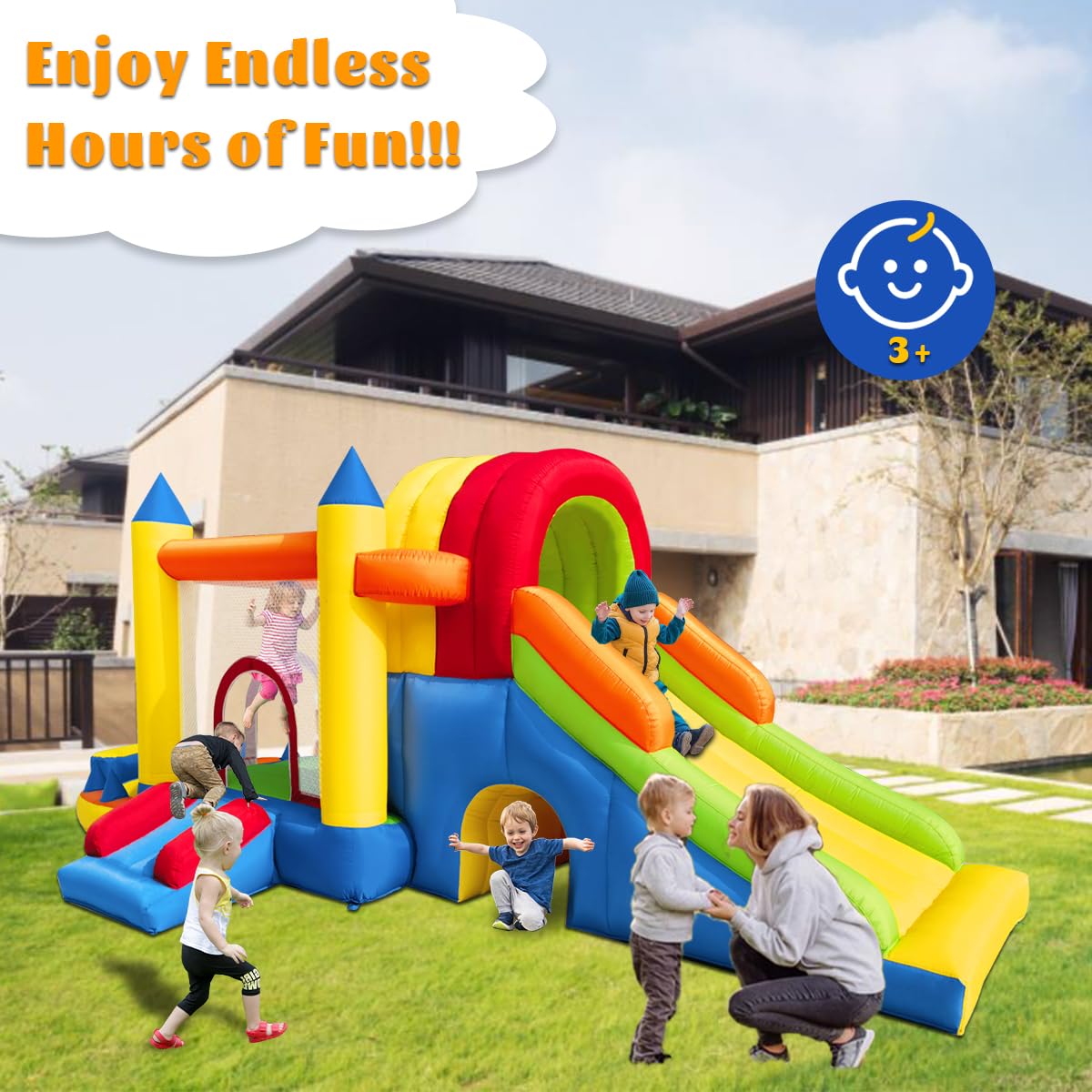 Hongcoral Inflatable Bounce House, 8 in 1 Large Bounce Castle with Blower for Kids and Toddlers, Outdoor Indoor Backyard Inflatable Bouncers with Two Slides Hongcoral