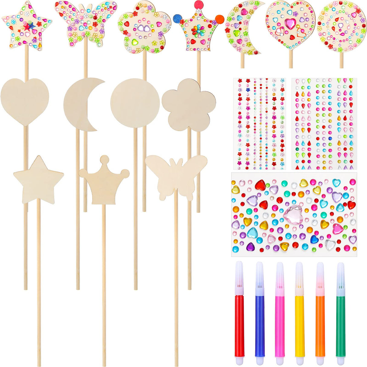 Yexiya 30 Pieces Princess Fairy Wand Kit - Make Your Own Wand with 21 Wooden Pieces,6 Watercolor Brushes,3 Gem Stickers Unfinished DIY Art Craft Kit for Party Supplies Yexiya