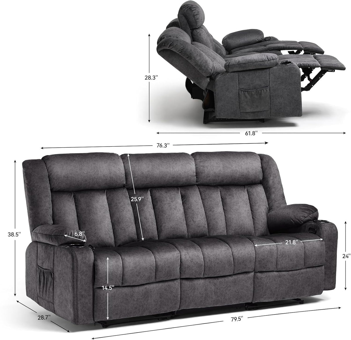 LUCKLIFE Recline Sofa Set with Manual Recliners,Living Room Furniture Set with Reclining Couch,Loveseat and Armchair,Breathable Fabric Upholstery,Thick Cushions and Ergonomic Design,Dark Gray,3+1+1 LUCKLIFE