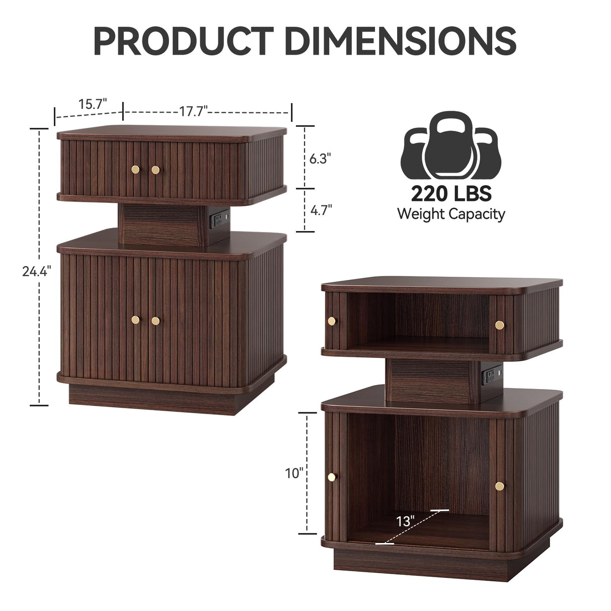 Night Stand Set of 2, LED Nightstand, Bedroom Night Stand with Charging Station, 2 Drawer Nightstand, Modern Nightstands with Curvy Edge and Sliding Door, Bedside Table for Bedroom, Walnut AKMAKM