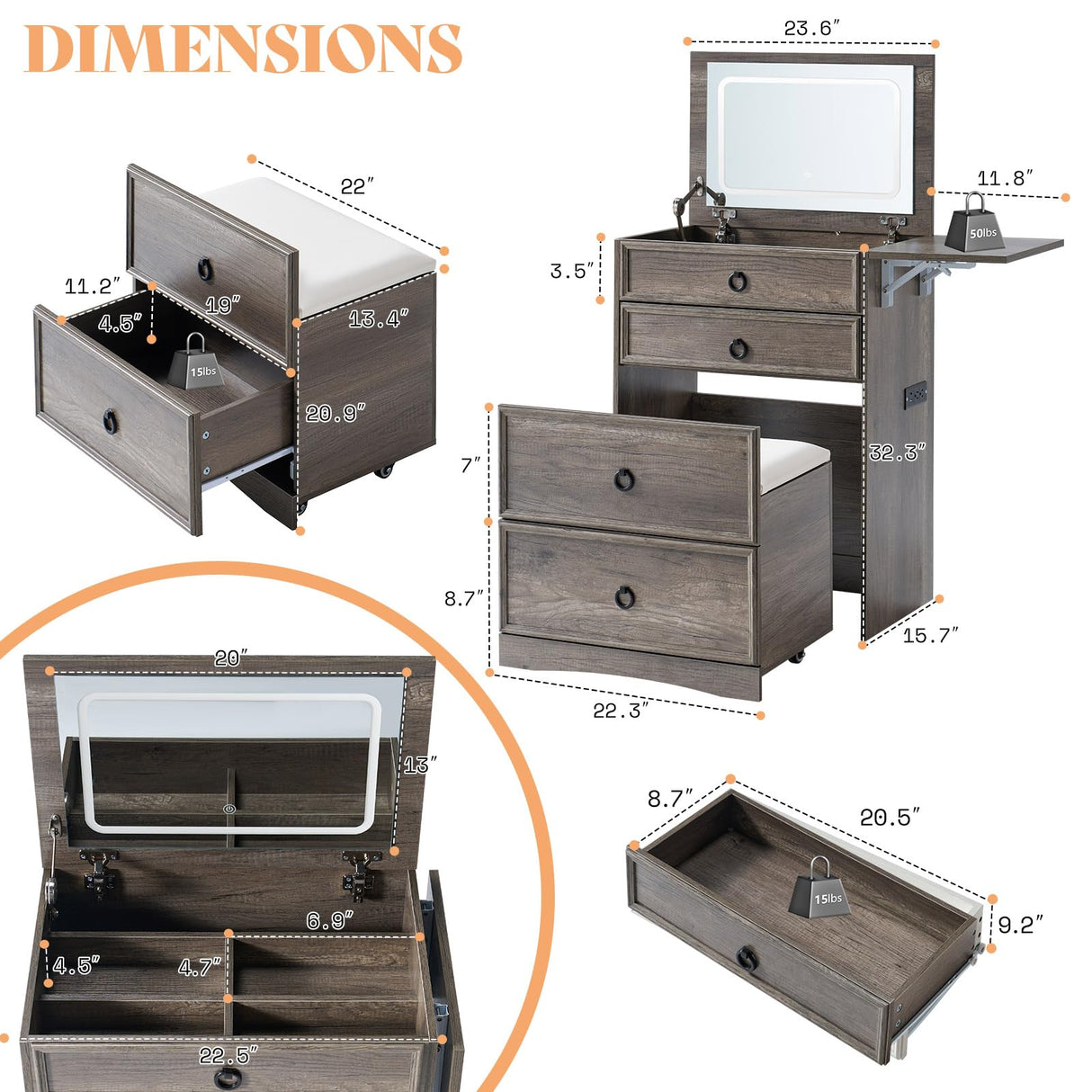 AMERLIFE 3-in-1 Makeup Vanity with Sliding Stool, Fold-up Panel, Divided Storage & Power Port, Farmhouse Makeup Table with Adjustable LED Light, for Small Space, Rustic Oak AMERLIFE