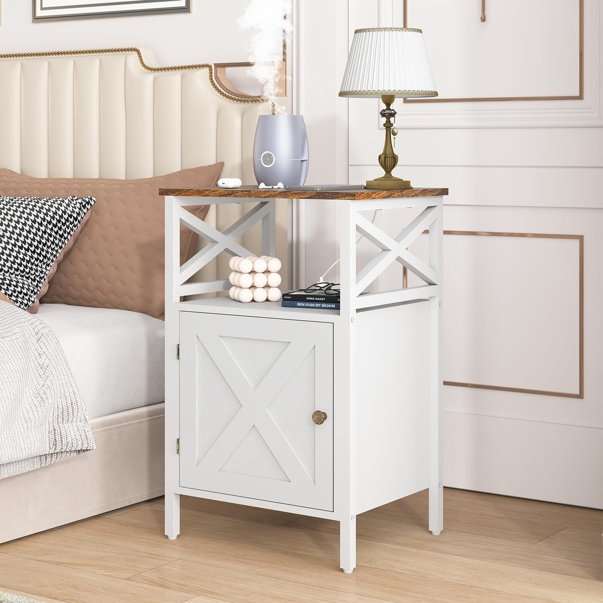 FFBCFDK End Table with Charging Station, Side Table with Power Outlet & USB Ports, Nightstand with 2 Tiers Storage Space and Storage Cabinet, Sofa Side Tables for Bedroom, Living Room,Office, White FFBCFDK