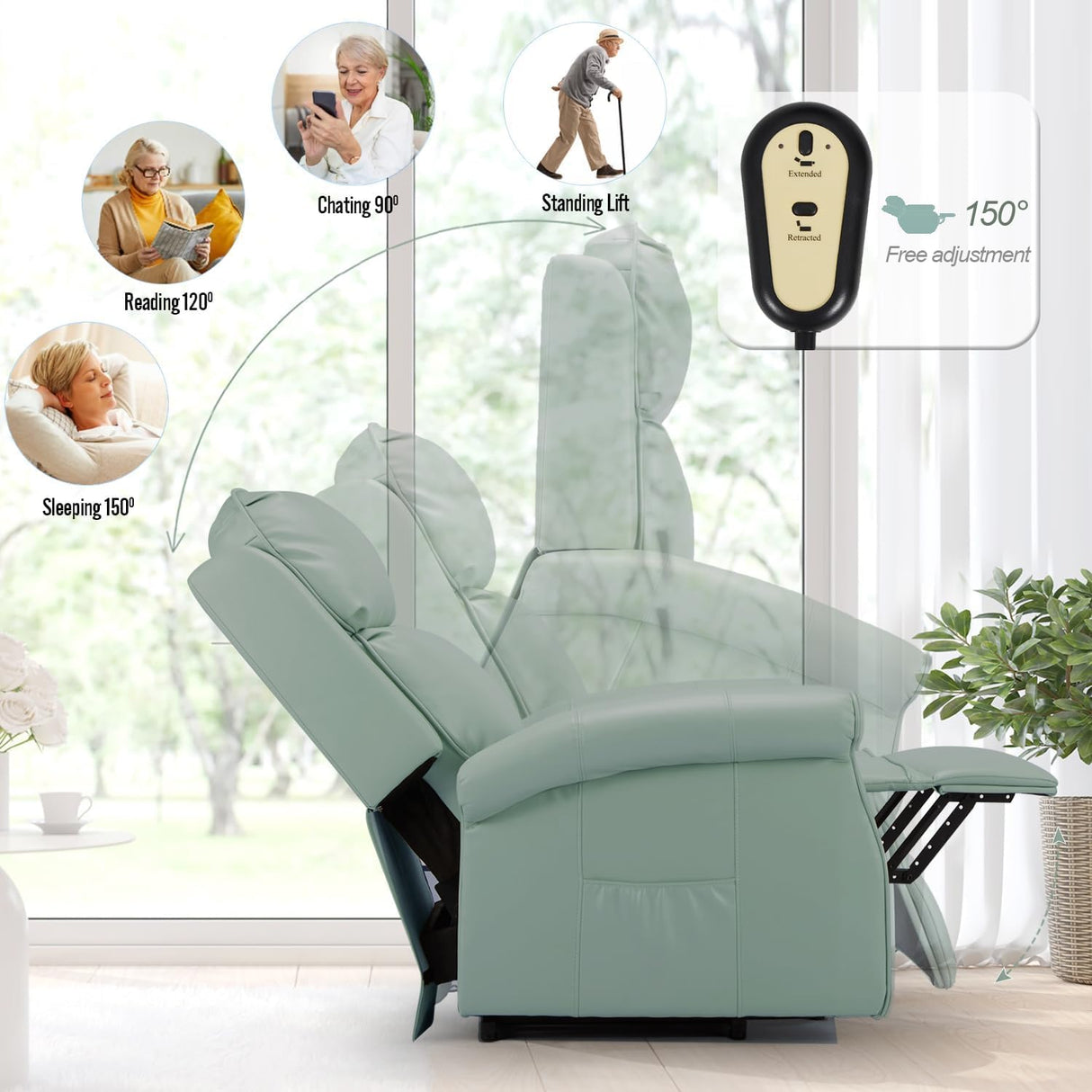 Esright Electric Power Lift Recliner Chair, Faux Leather Electric Recliner for Elderly with Side Pocket & Remote Control, Mint Green Esright