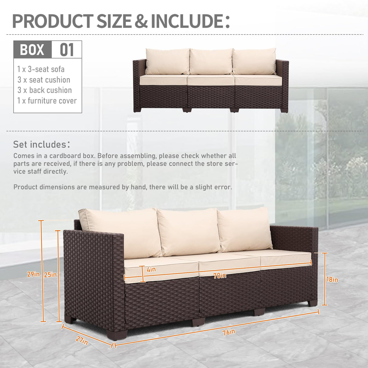 Oasishine Patio Furniture 3-seat Sofa Wicker Outdoor Furniture Outdoor Couch Deep Seat Hight Backrest Non-Slip Cushions, Khaki Oasishine