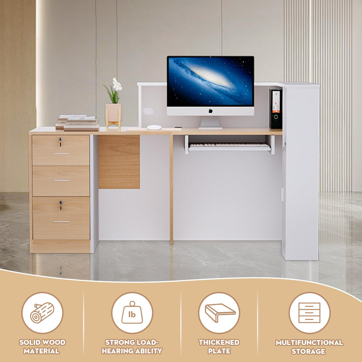 L-Shaped Large Wooden Reception Desk, Modern Front Desk Reception Counter with Lockable Drawers & Storage & Keyboard Tray, for Checkout, Lobby (Left-Natural Wood/White, 71''L x 42''W x 41''H) Yorkgargen