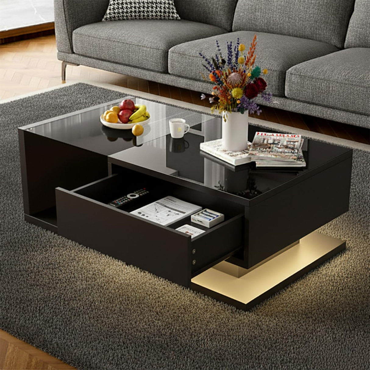 holzart Modern High Gloss Coffee Table with LED Lights & Storage, Black 2-Tier Rectangular Table with Tempered Glass Top and Drawer, Center Table for Living Room, Gaming & Movie Night holzart