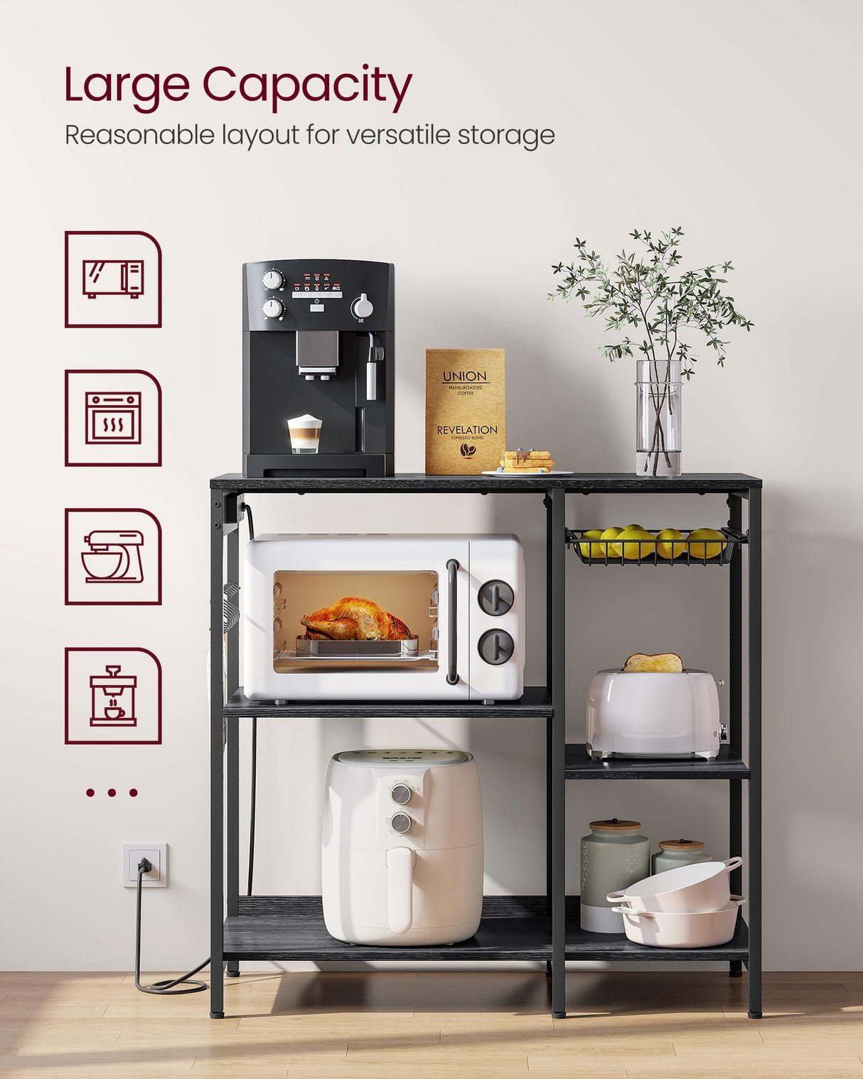 VASAGLE Baker's Rack, Coffee Bar Stand with Charging Station, Storage Shelves, Pull-Out Wire Basket, Table for Microwave, Kitchen, Charcoal Gray UKKS036B22, 15.7 x 35.4 x 35.6 Inches VASAGLE