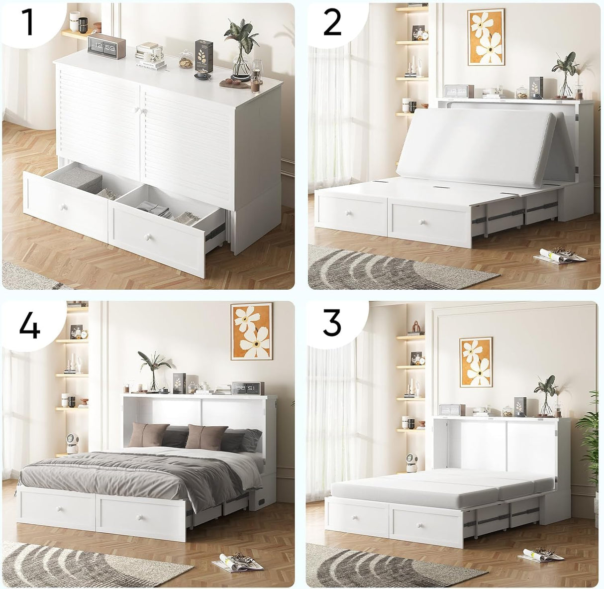 ijuicy Queen Size Murphy Bed with Foldable Foam Mattress, Cube Cabinet Bed with Multifunctional Charging Station & Extra Large Storage Drawers, Space-Saving Hideaway Bed for Guests-White ijuicy