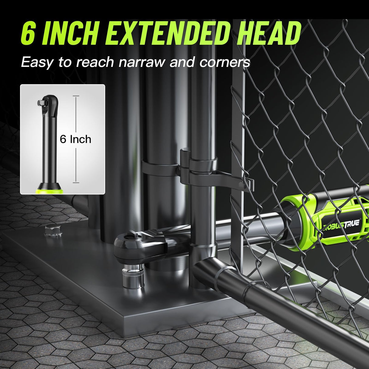 Robustrue 3/8" Cordless Ratchet Wrench, 6 inch Extended Ratchet Wrench, 40Ft-lbs 400RPM Cordless Ratchet, 2 Batteries Power Electric Ratchet Driver with Variable Speed, 7 Sockets, LED Light Robustrue