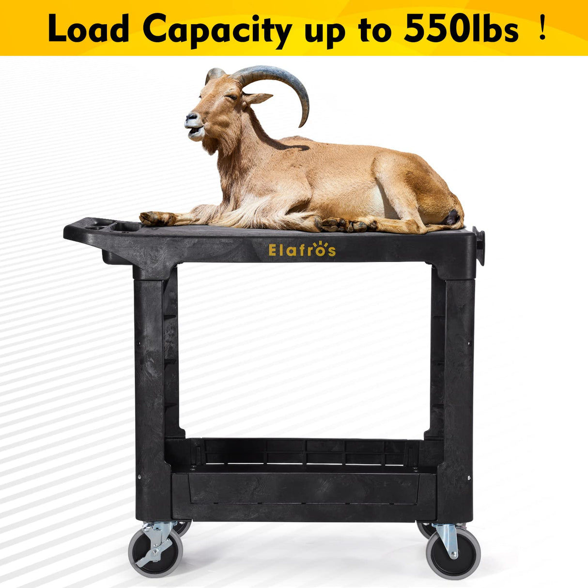 ELAFROS Heavy Duty Plastic Utility Cart, 37 x 18.8 in, Flat Top, Swivel Wheels, 550 lbs Capacity, Black ELAFROS