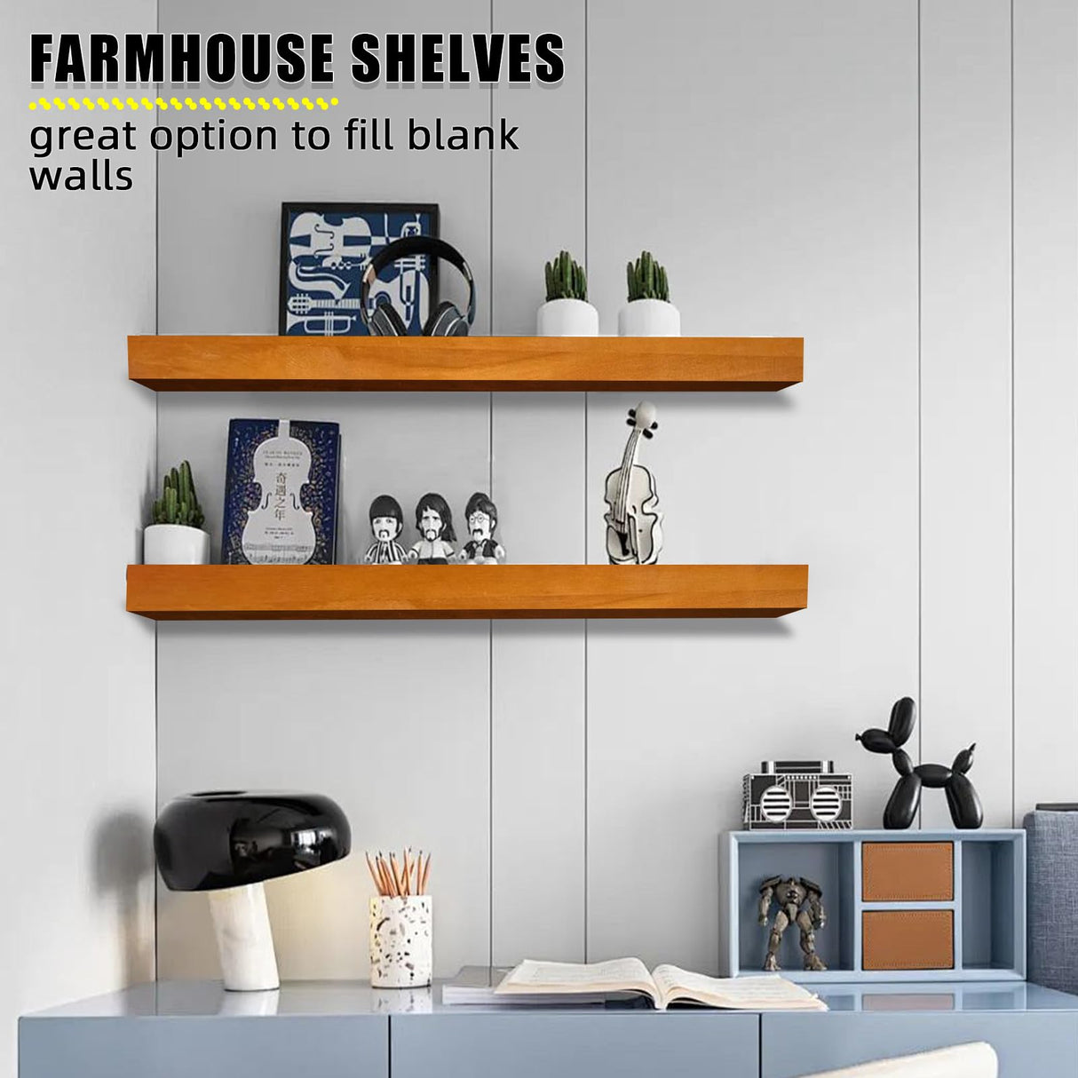 Beneouya 24 Inch Floating Shelves, Bathroom Wooden Shelves for Wall Mounted, Rustic Farmhouse Floating Shelves, Solid Wood Wall Shelves for Storage, Set of 2, Honey Oak Beneouya