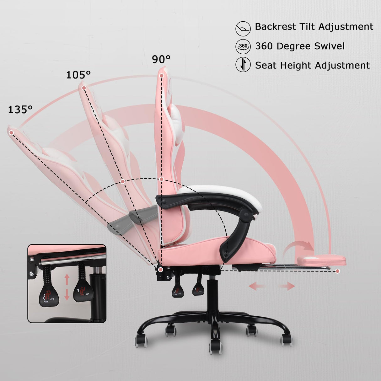 ErgoDesign Gaming Chair with Linkage Armrest & Footrest, High Back Video Gaming Chair, Pink/White ErgoDesign
