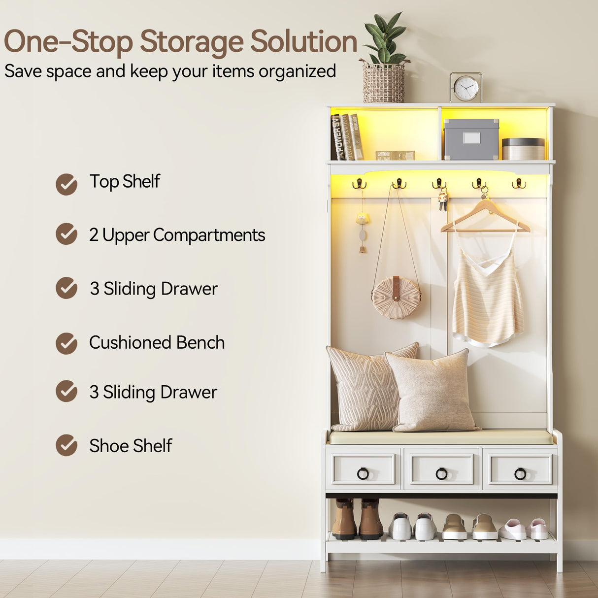 Gurexl 67” Farmhouse Hall Tree with Shoe Storage, Auto Sensor Wood Coat Tree with LED Lights, 3-in-1 Entryway Bench with Coat Rack, Hooks and Drawers for Hallway, Living Room, Bedroom (White) Gurexl