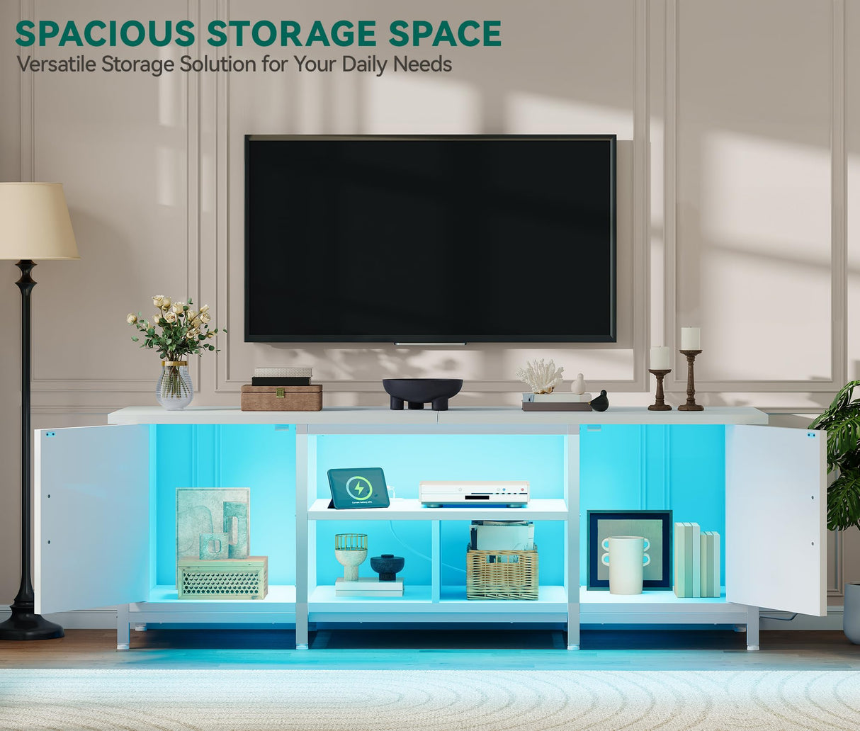 YITAHOME TV Stand with LED Lights & Charging Station, Farmhouse Entertainment Center with Storage Cabinets & Shelves, Cross-Pattern Doors, Fits TVs up to 70'', TV Consoles for Living Room, White YITAHOME