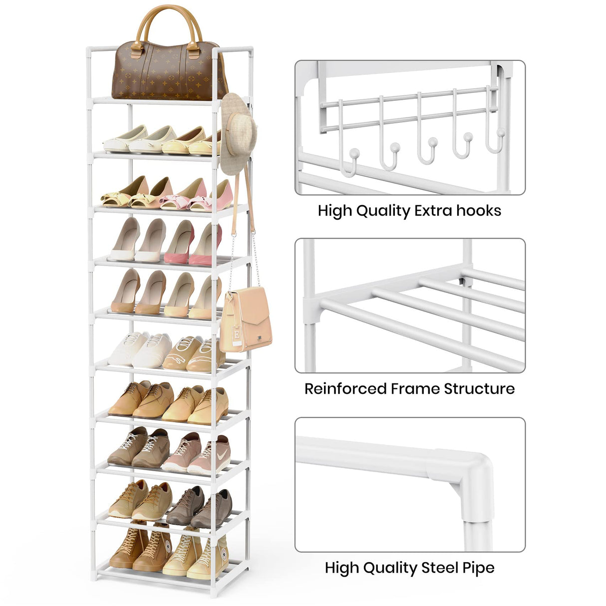WEXCISE Metal Rack Organizer 10 Tiers Tall for 20-24 Pairs - Narrow Shoe Racks for Closets Entryway - Vertical Boots Organizer Storage - Sturdy White Shelf Cabinet WEXCISE