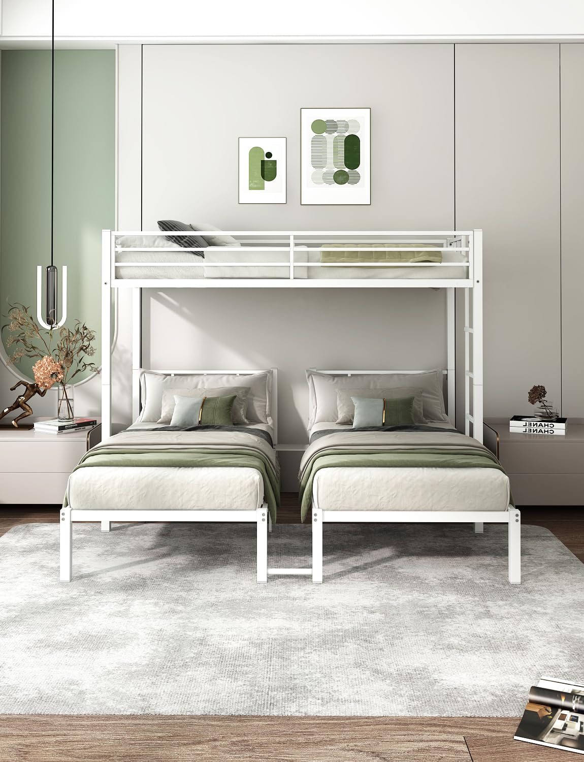 HKOLIE Twin Over Twin & Bunk Beds for 3, Triple Bunk Bed for 3 with Guardrails, Ladder & Upper-Bed Platform, for Children, Teens, Adults, No Box Spring Needed, White HKOLIE