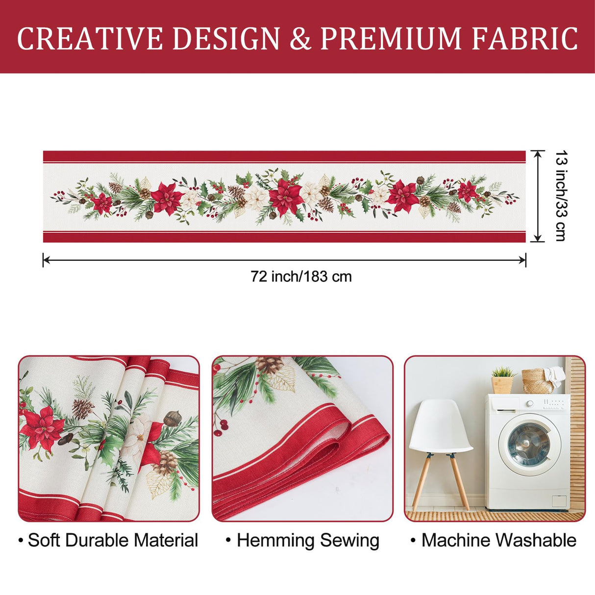 Bonhause Christmas Poinsettia Table Runner 13x72 Inch Red Floral Pine Branch Seasonal Winter Holiday Kitchen Dining Table Decoration for Indoor Outdoor Home Party Decor Bonhause