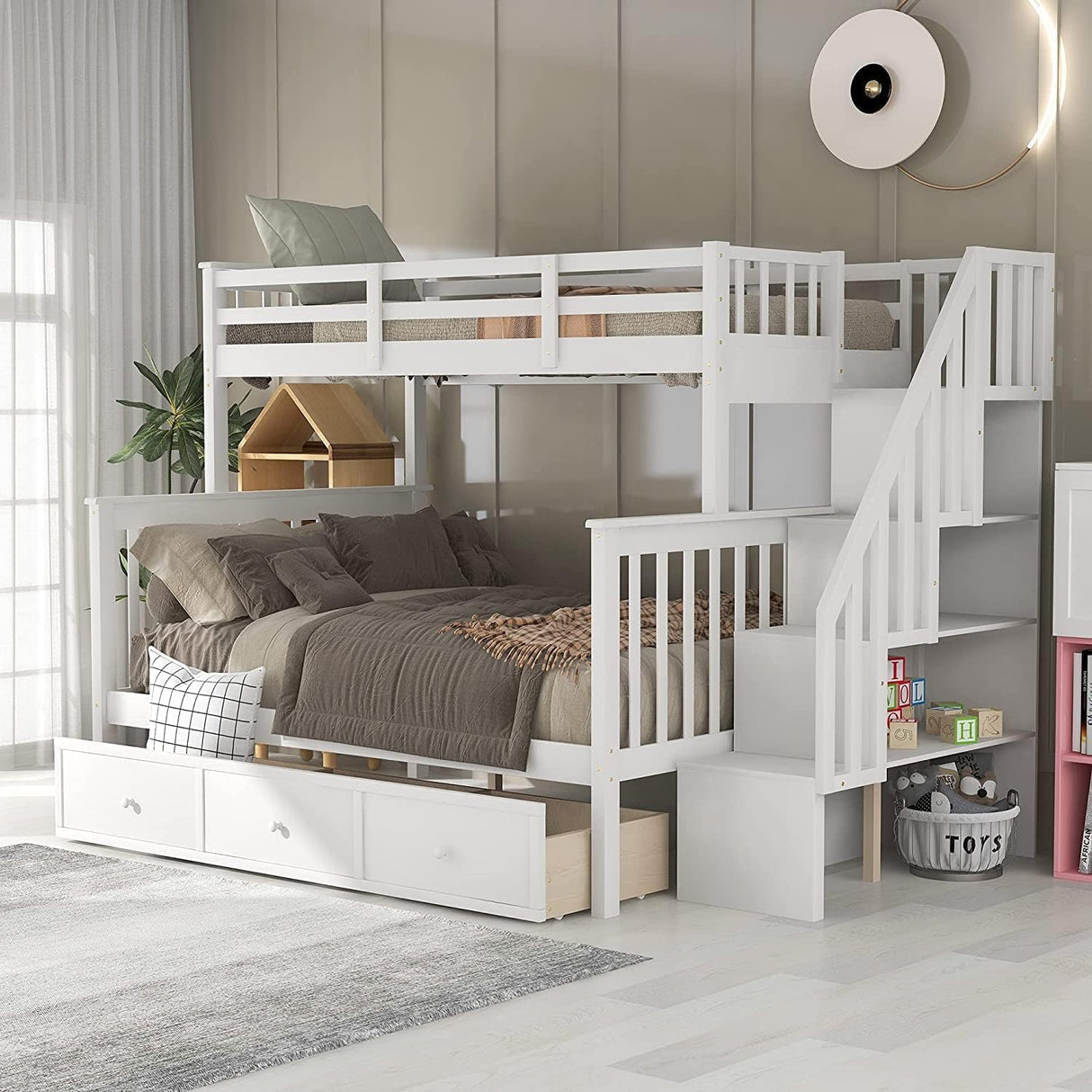 Twin Over Full Bunk Bed with Stairs & Storage Drawers - Solid Wood, White Finish by Harper & Bright Designs Harper & Bright Designs